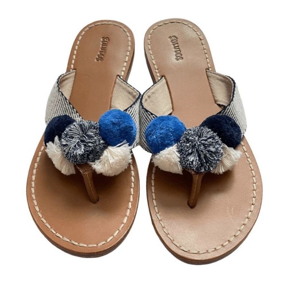 Saludos Capri Blue/White Pom-Pom Sandals Sz 8.5